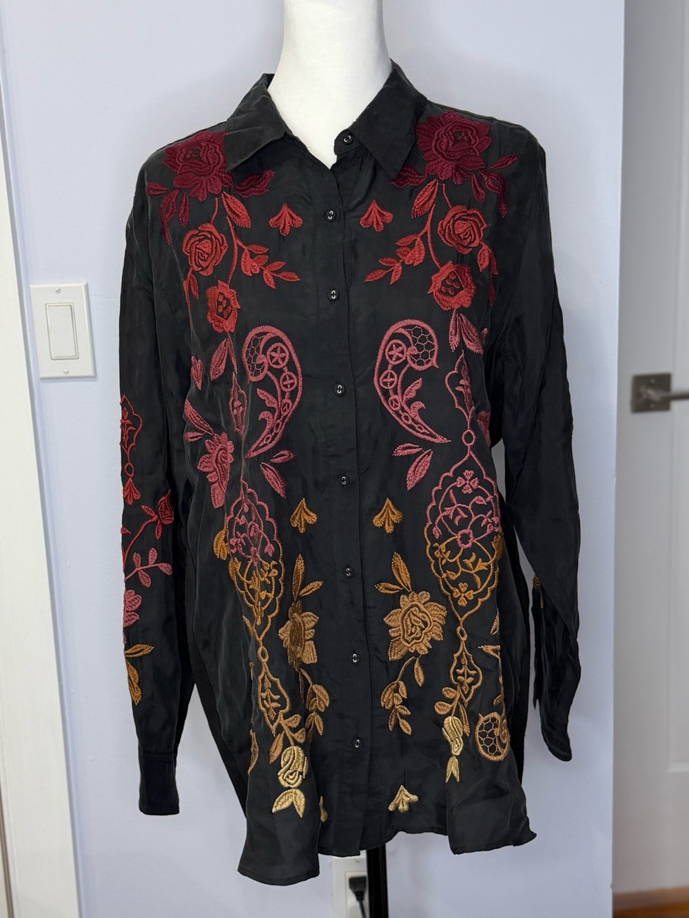 Johnny Was Kiana Ribbon Shirt, Black, embroidered fall colors, size M. Like new!